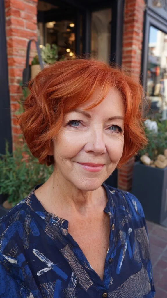 Warm Copper Textured Chin-Length Bob with Airy Crown Layers