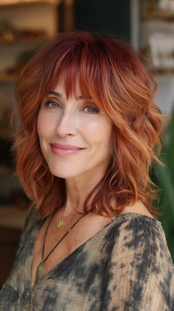 Warm Copper Textured Mid-Length with Curtain Bangs