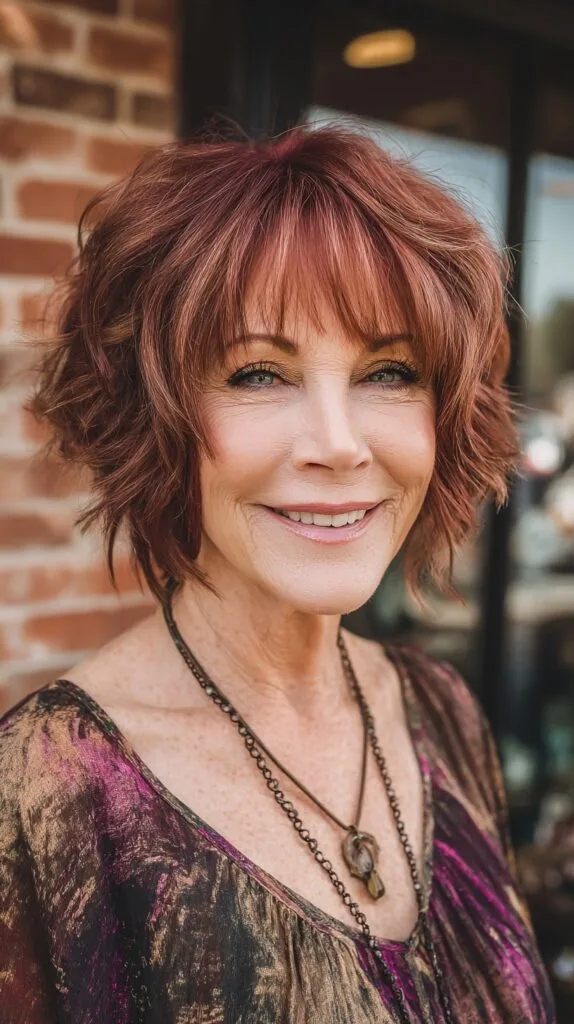 Warm Copper Textured Shaggy Bob with Feathered Fringe