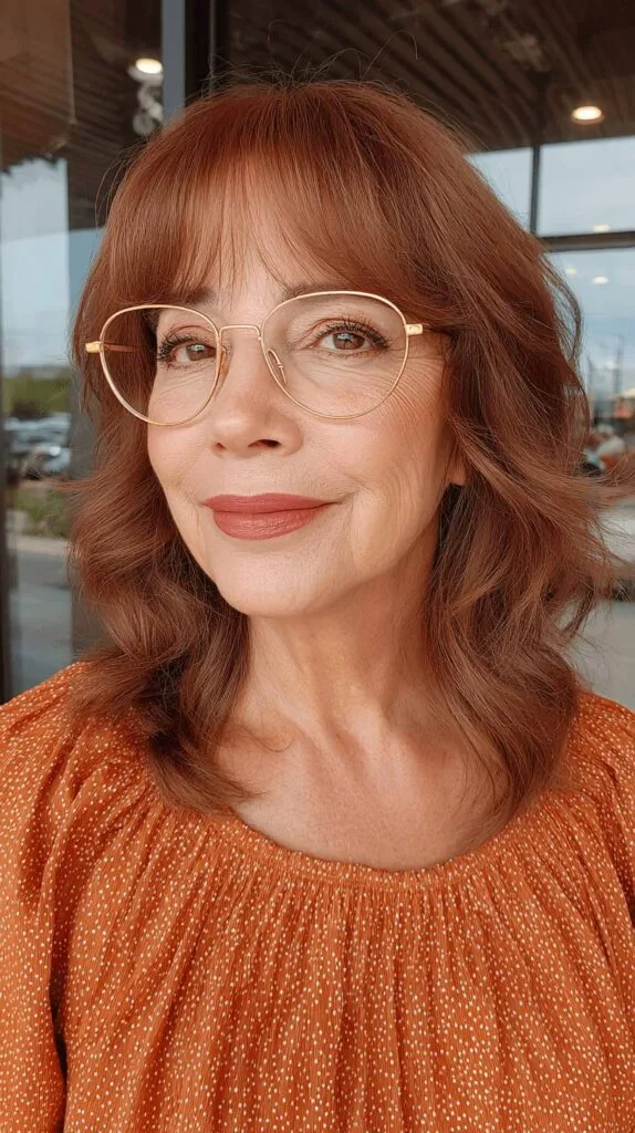 Warm Copper Waves with Soft Bangs