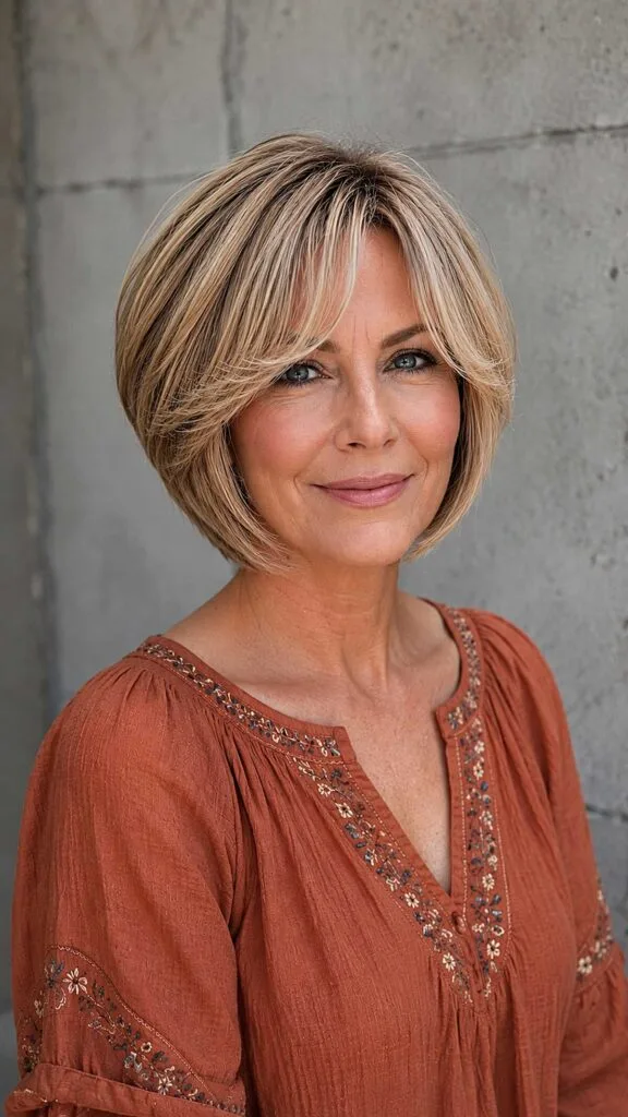 Warm honey blonde layered bob with side-swept bangs