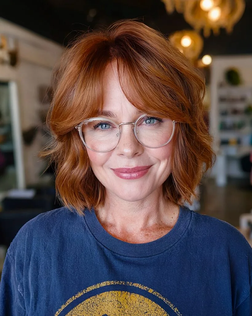Wavy bob with curtain bangs and layers for women over 40 with medium-density hair