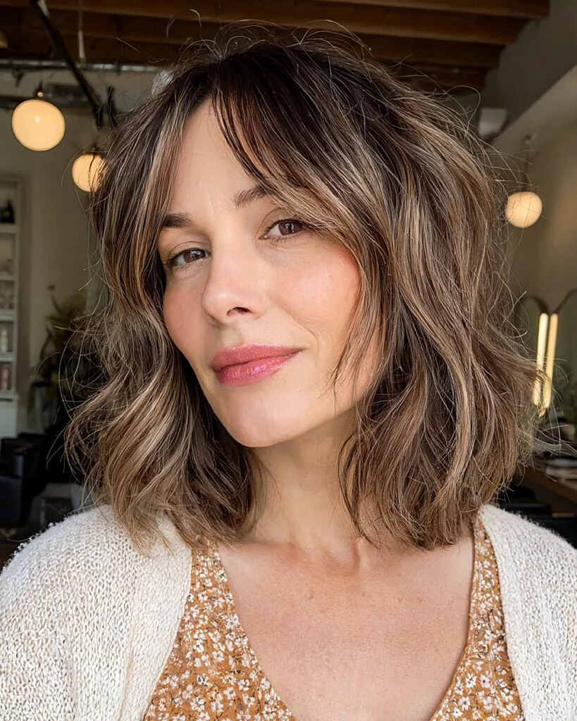 Wavy shoulder-length cut with curtain bangs for women over 40 and soft volume