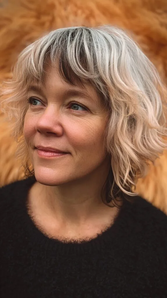 Wavy Silver Balayage Bob with Dark Roots