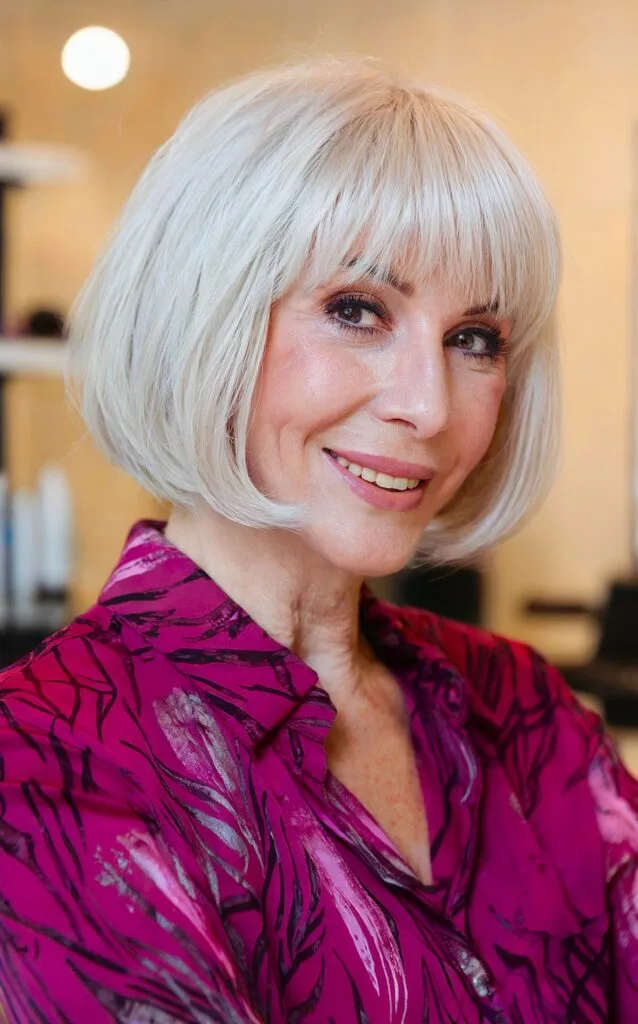 white bob with bangs for older women over 50