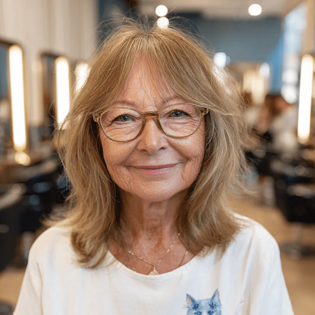 Wispy shaggy layered hair with curtain bangs on women over 70 with fine hair