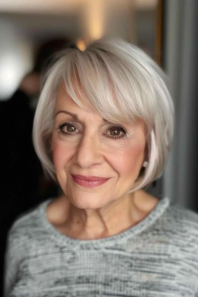 Woman with a chin-length bob and neat, straight-across bangs, presenting a polished and confident hairstyle.