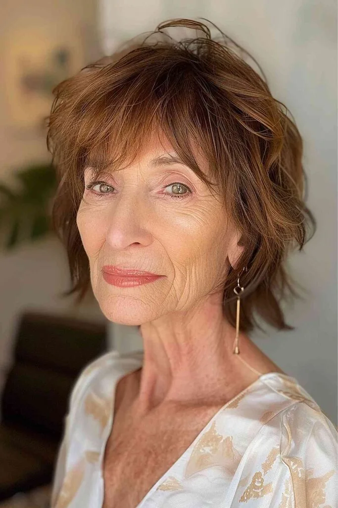 Woman with dynamic layered shag cut, adding texture and movement to fine to medium hair, with soft bangs framing the face.