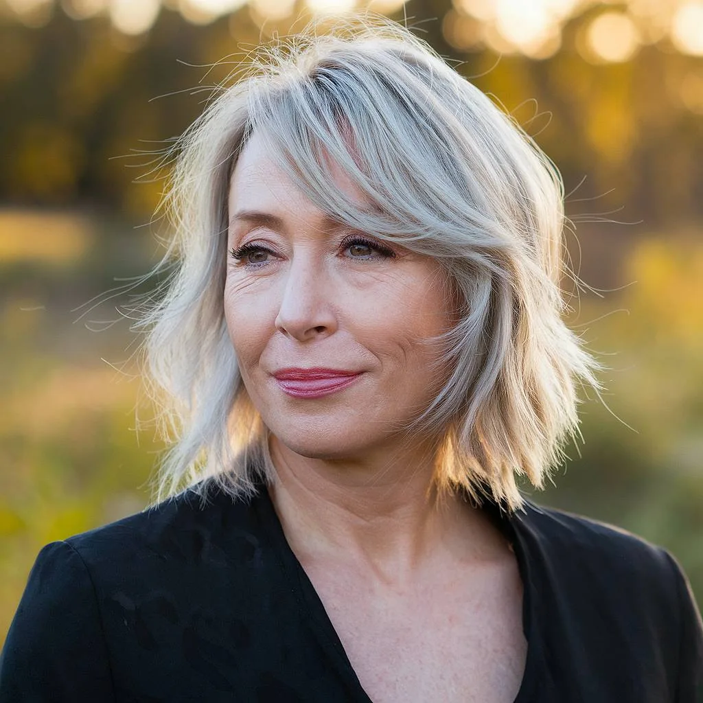 Airlyn bob for fine silver hair over 40 with wispy layers and angled side fringe