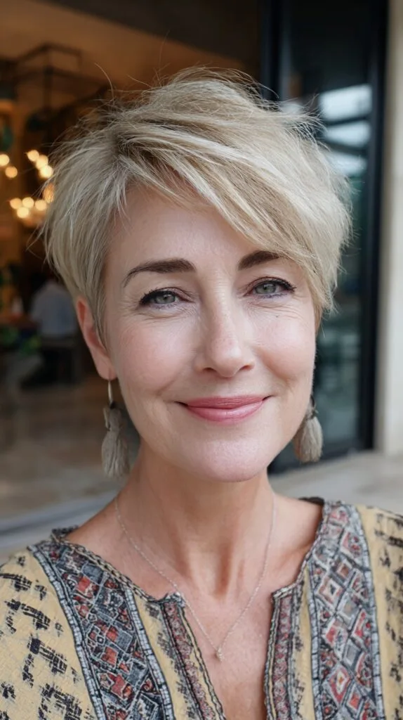 Airy Ash Blonde Side-Swept Long Pixie with Feathered Crown