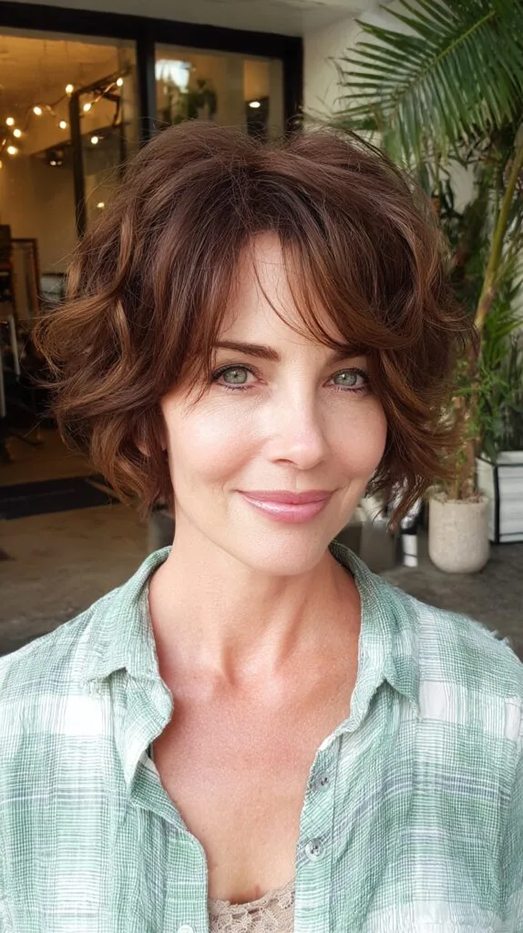Airy Chestnut Chin-Grazing Layered Bob with Feathered Brow-Grazing Fringe