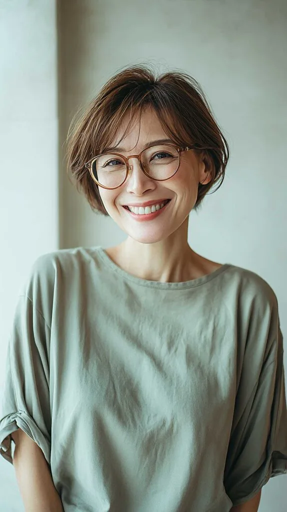 Airy short brunette crop with soft fringe and glasses