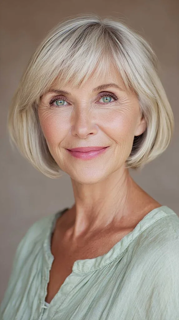 Ash Blonde Jaw-Length Bob with Parted Wispy Bangs