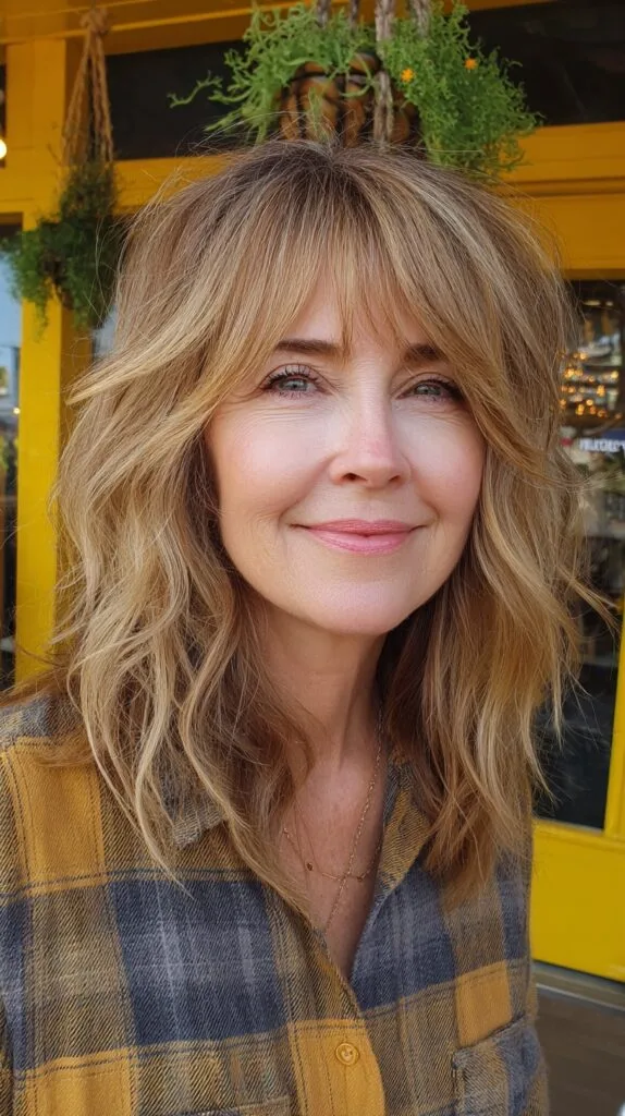 Ash-Blonde Textured Shoulder Shag with Chiseled Micro-Bangs