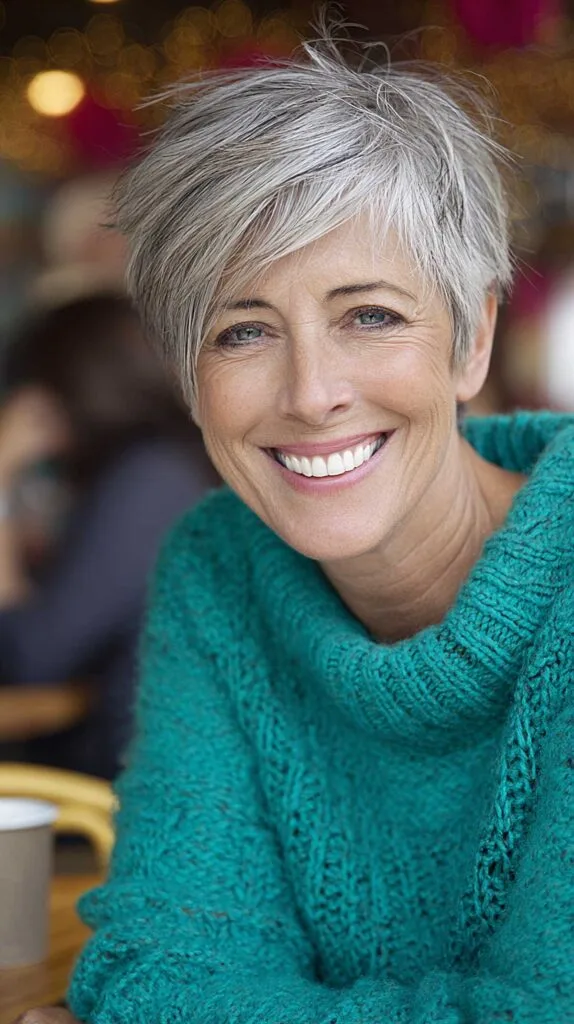 Ash Silver Pixie with Jagged Fringe and Textured Forward Sweep