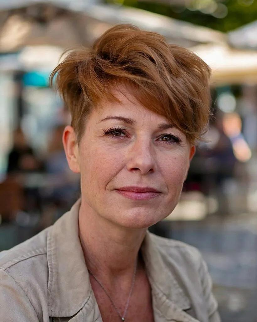 Asymmetrical pixie shag over 50 with copper color and side-swept layered fringe