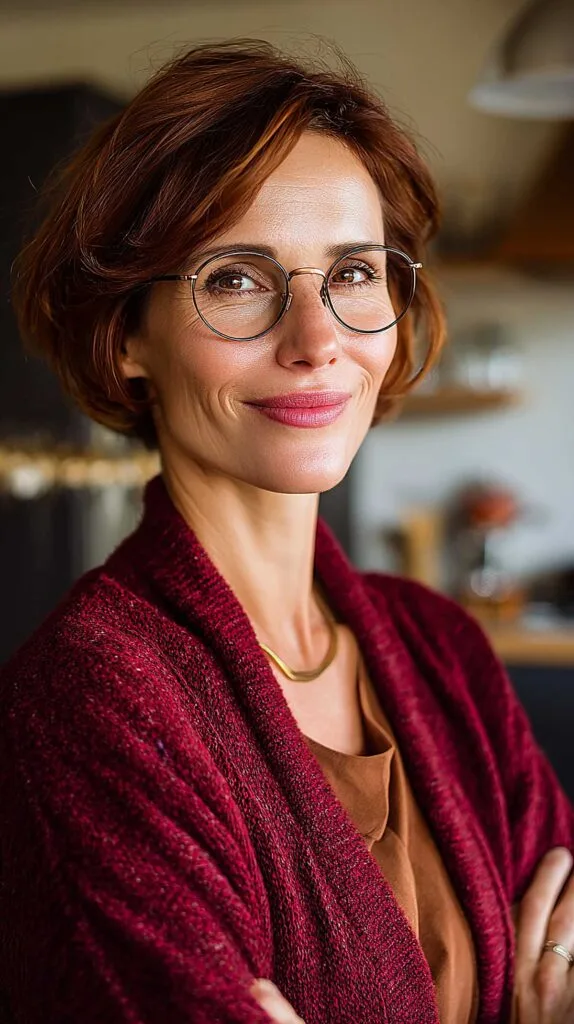 Auburn chin-length bob with soft layers and glasses