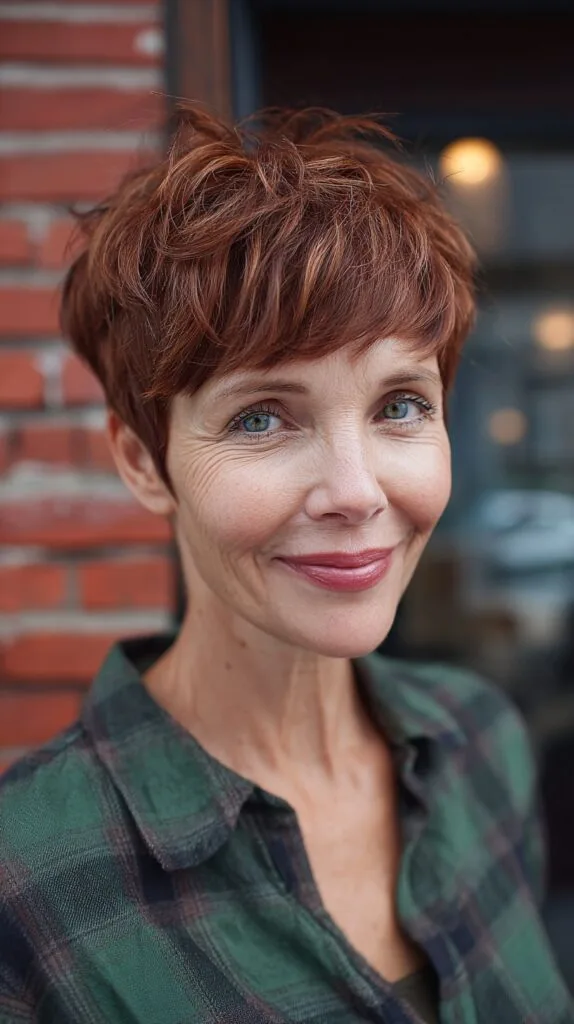 Auburn Feathered Pixie with Choppy Crown Layers