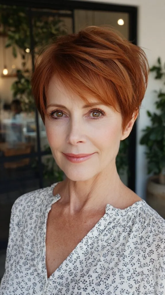 Auburn Layered Pixie with Lifted Crown and Side Sweep