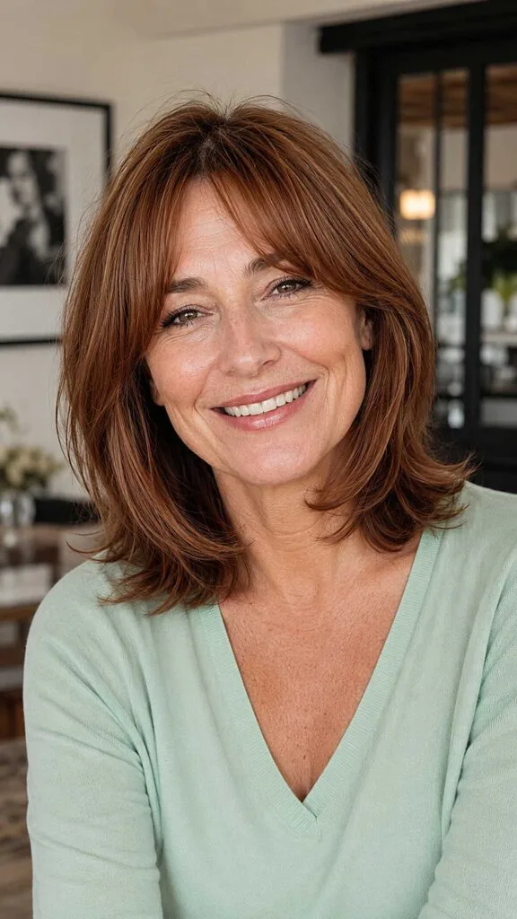 Auburn Shoulder-Length Bob with Soft Layered Fringe