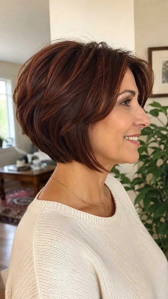 Auburn stacked bob with coppery dimension