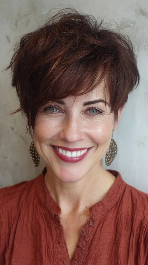 Auburn Textured Long Pixie with Lifted Crown and Asymmetrical Fringe