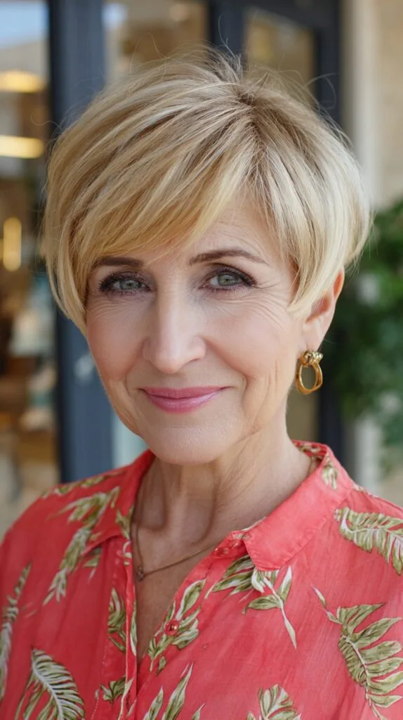 Barley Blonde Rounded Pixie with Side-Swept Fringe
