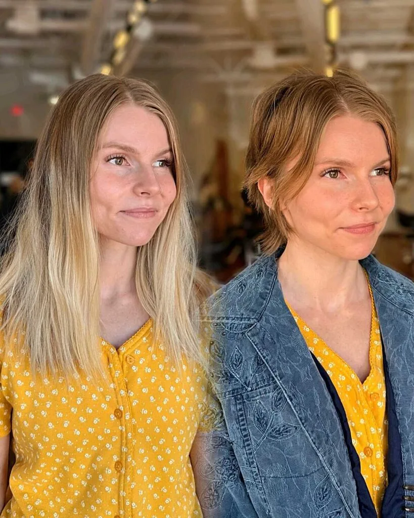 Before and after from long blonde to short strawberry bixie