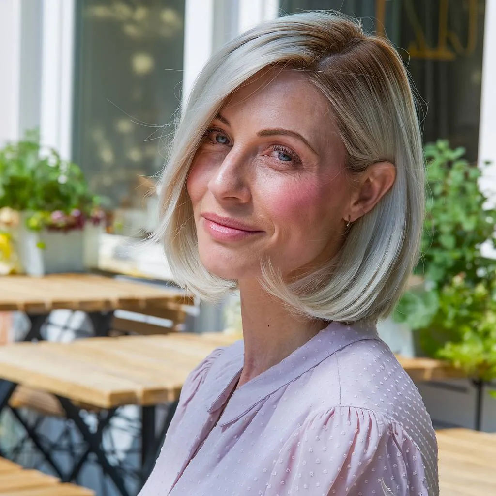 Blonde bob with deep side part for women over 40 with fine, straight hair and cool tones