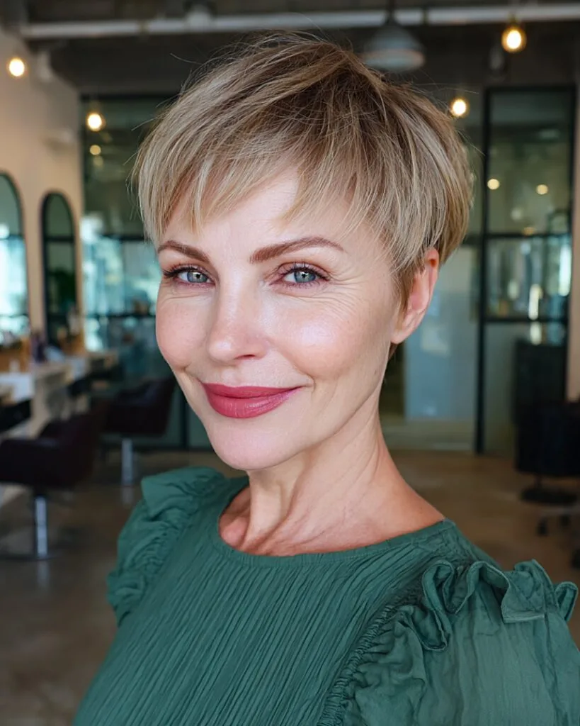 Blonde cropped pixie cut with soft bangs for older women with straight hair