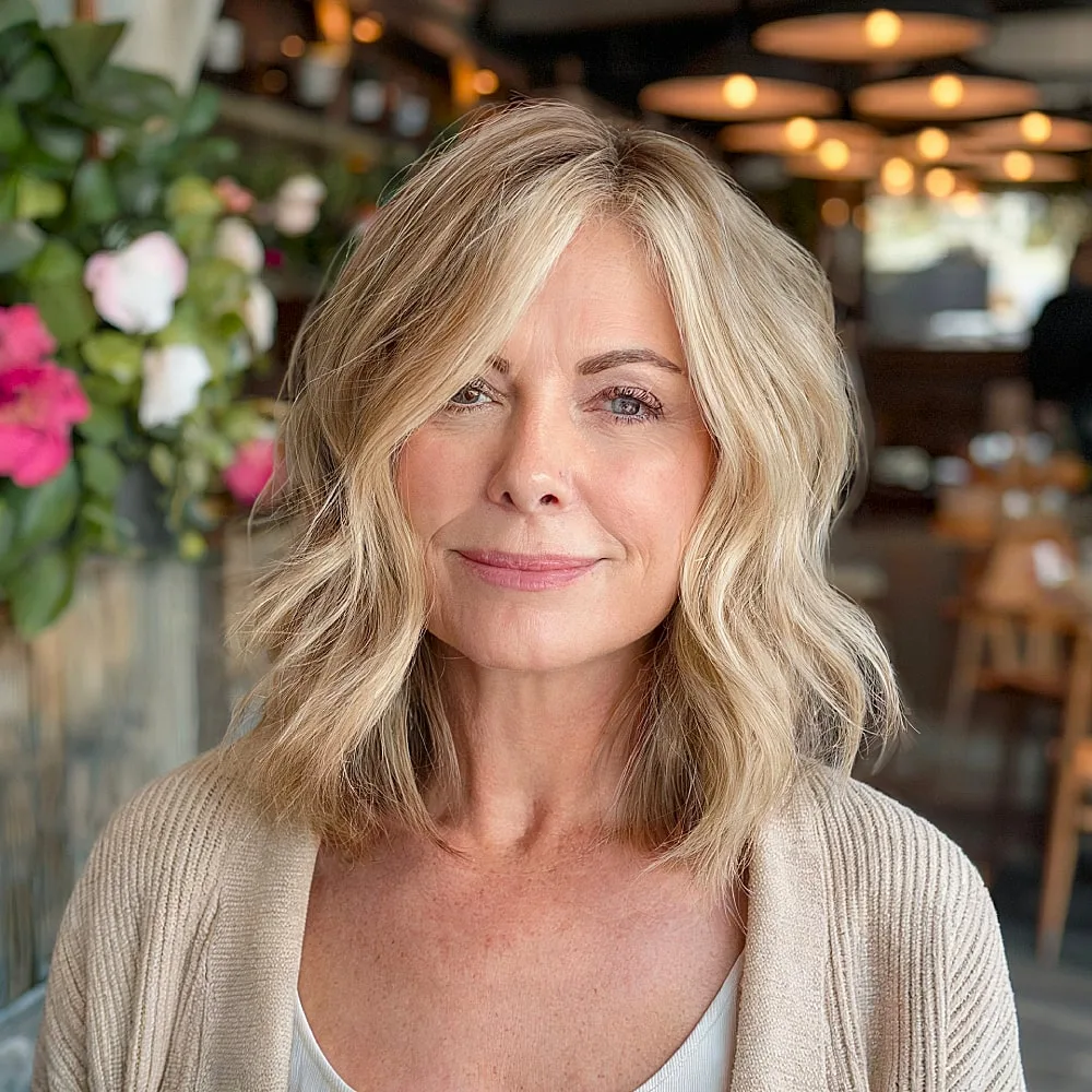 Blonde long bob with face-framing layers and tousled waves for women over 50