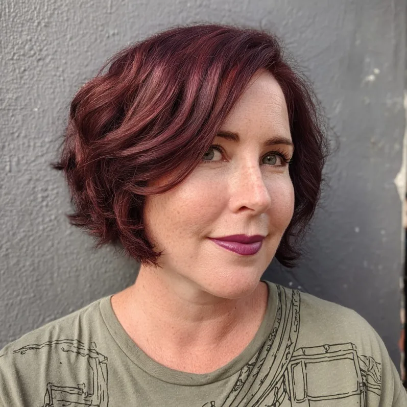 Bold Burgundy Curly Bob with Soft Waves