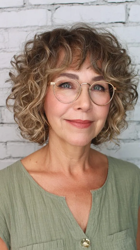 Bouncy Caramel Curled Bob with Soft Fringe