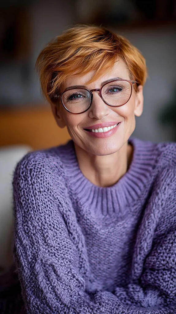 Bright copper pixie with textured fringe and glasses