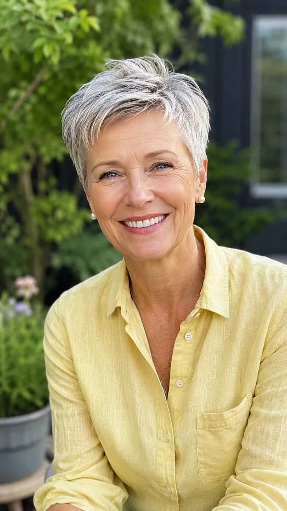 Bright Silver Pixie with Swept Crown and Close-Cut Sides