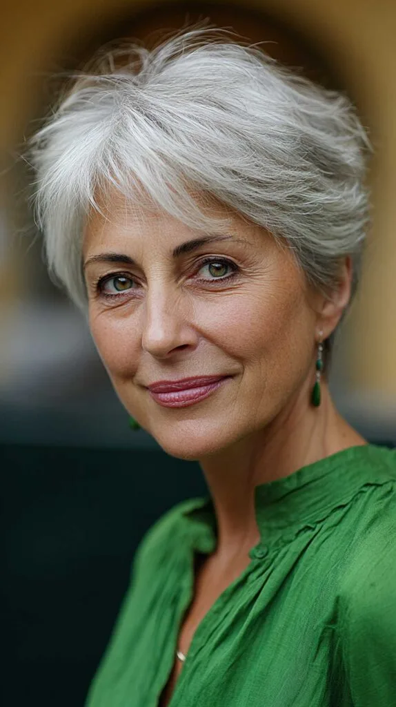 Bright White Pixie with Soft Forward Fringe and Feathered Sideburns