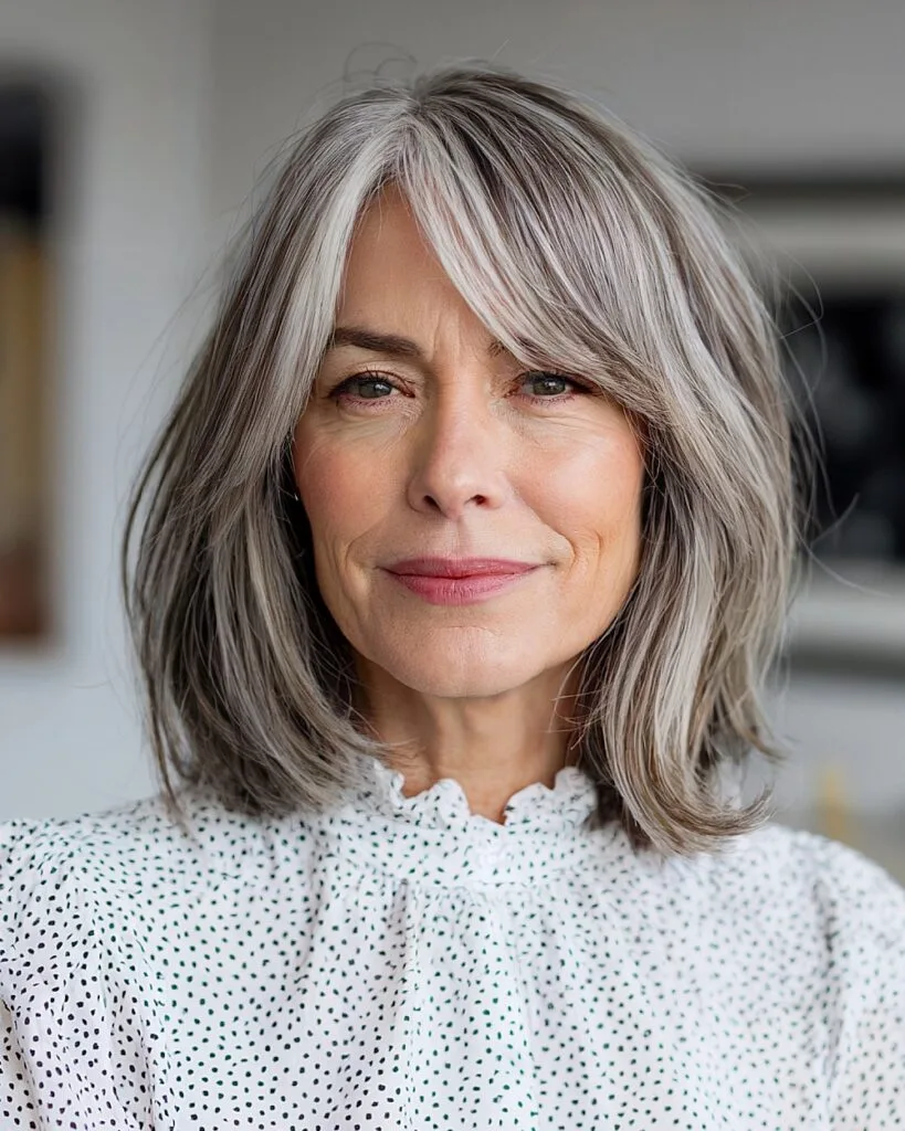 Brown hair with silver highlights and gray lowlights for mature women