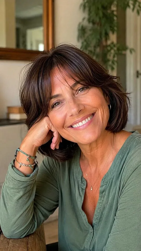 Brunette Flippy Bob with Piece-y Curtain Fringe