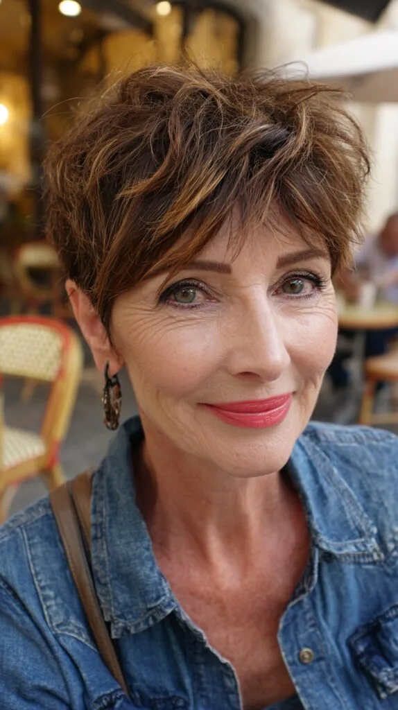 Brunette Pixie with Highlighted Waves