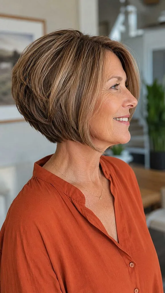 Brunette stacked bob with caramel balayage and angled front
