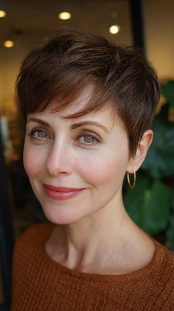 Brunette Textured Long Pixie with Wispy Micro Fringe