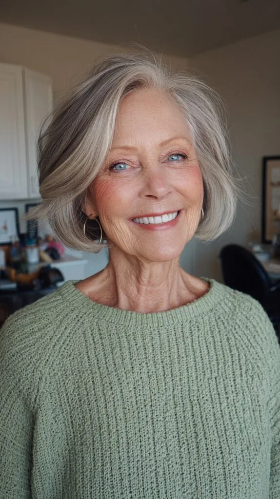 Brushed Side-Part Silver Layered Bob with Subtle Lowlight Depth