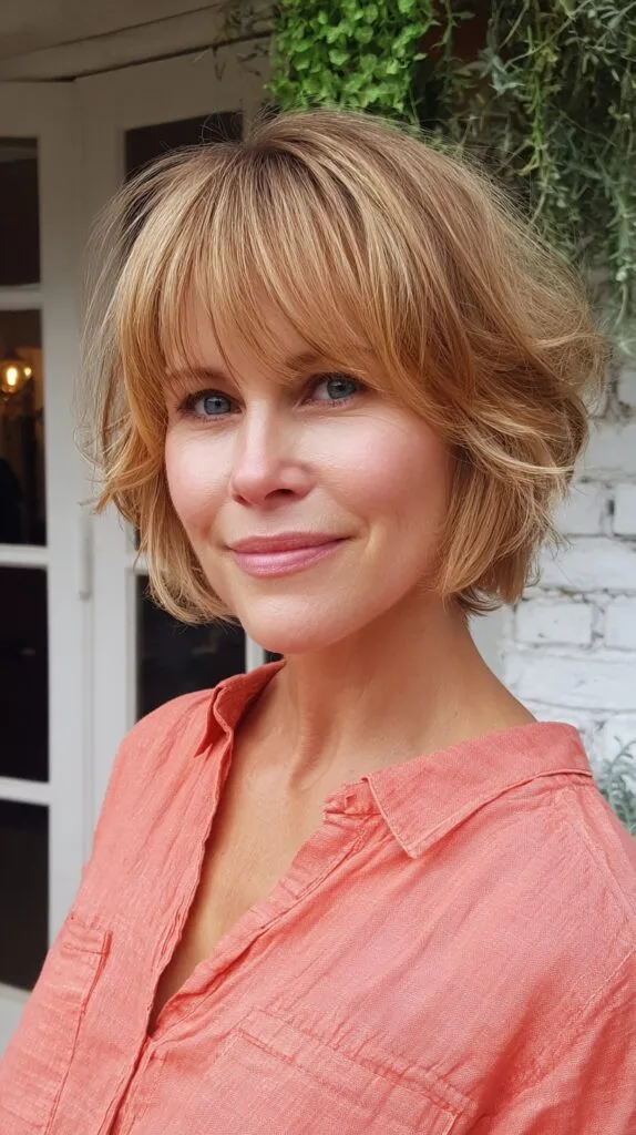 Butterblonde Chin-Grazing Layered Bob with Feathered Fringe