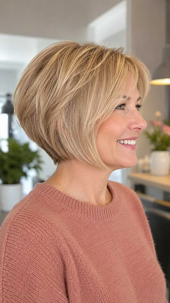Buttery blonde stacked bob with tapered nape