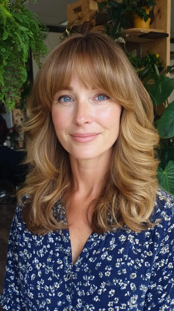 Buttery Caramel Layered Mid-Length Cut with Feathered Curtain Bangs