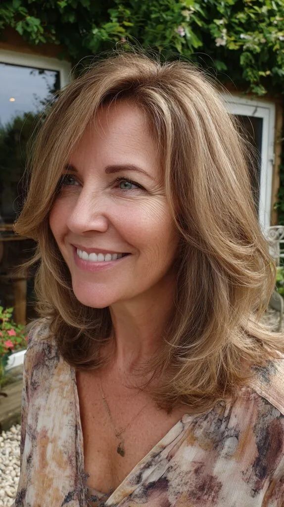 Caramel-Infused Layered Shoulder-Length Lob with Feathered Ends