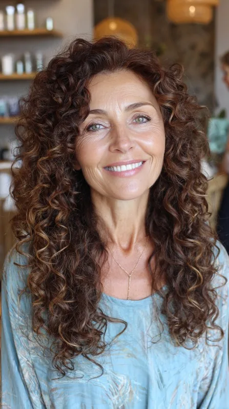 Cascading Chestnut Curls with Natural Highlights