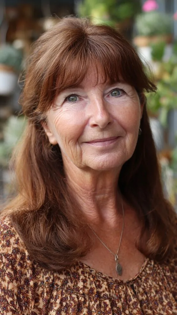 Center-Parted Chestnut Lob with Sheer Curtain Fringe and Crown Lift