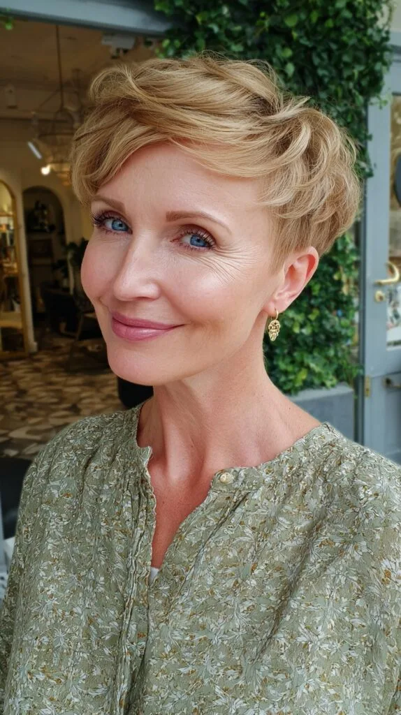 Champagne Blonde Layered Pixie with Soft Side-Swept Top