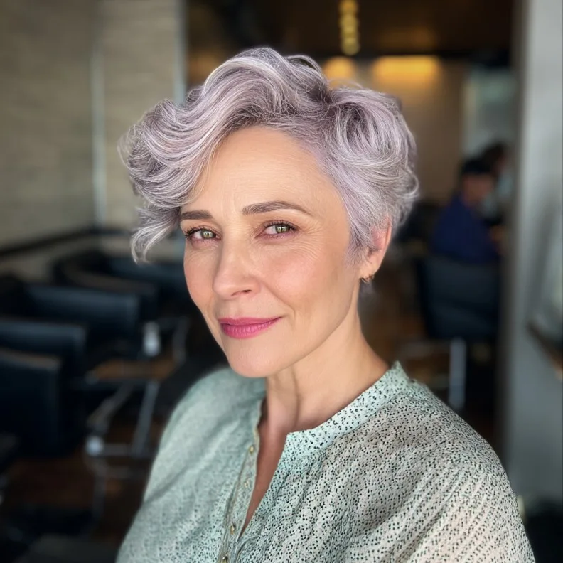 Charming Curled Pixie Cut with Subtle Lavender Tones